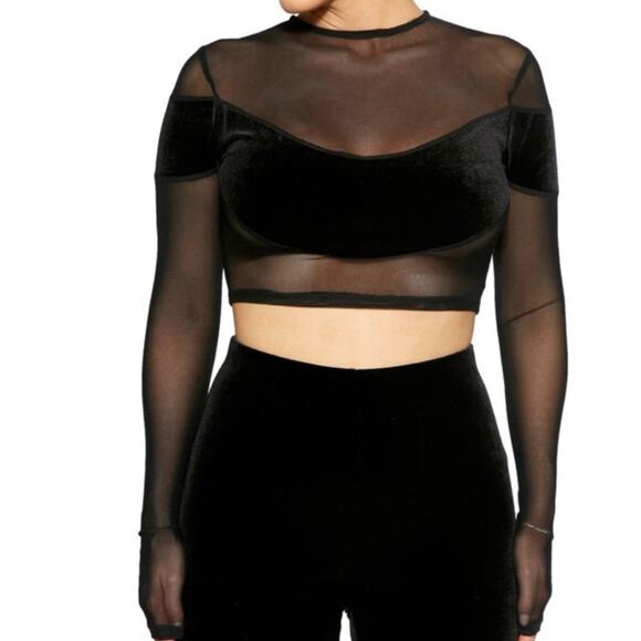 naked wardrobe Tops - Naked Wardrobe Black Sheer Mesh And Velvet Long Sleeve Crop Top Size Small